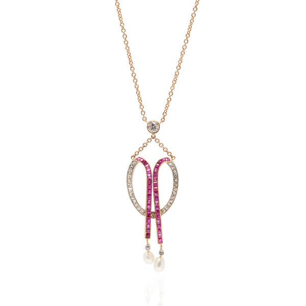 Edwardian 18kt/Platinum Diamond, Calibrated Ruby + Natural Pearl Necklace