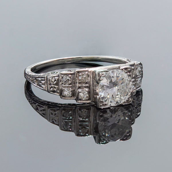 Art Deco Platinum Diamond Engagement Ring .82ct Center