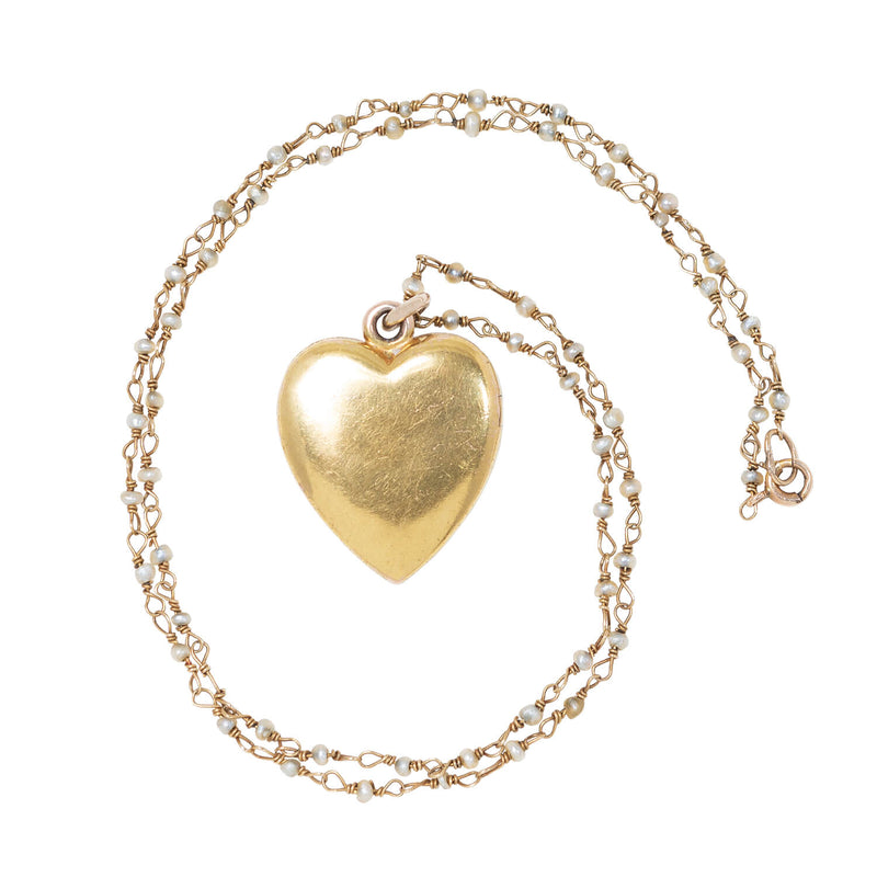 Victorian 14k Enamel + Diamond Heart Locket w/ Seed Pearl Chain