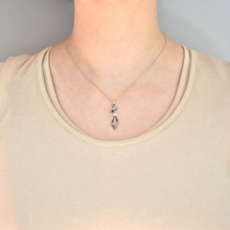 Victorian 18kt/Sterling Diamond + Pearl Anchor Necklace