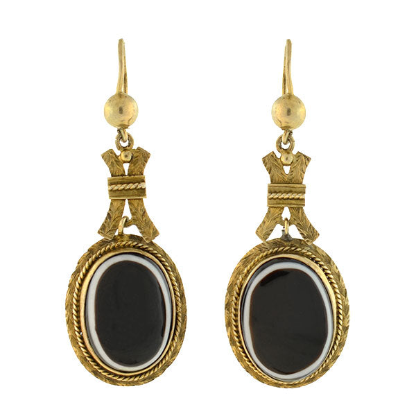 Victorian 12kt Gold Banded Agate Earrings