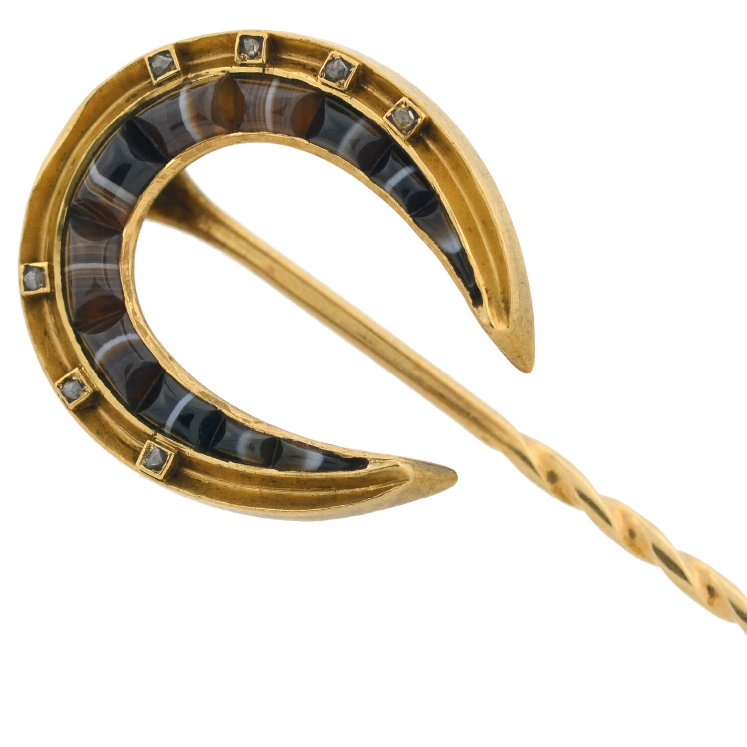 Victorian 18kt/14kt Banded Agate + Rose Cut Diamond Horseshoe Stick Pin