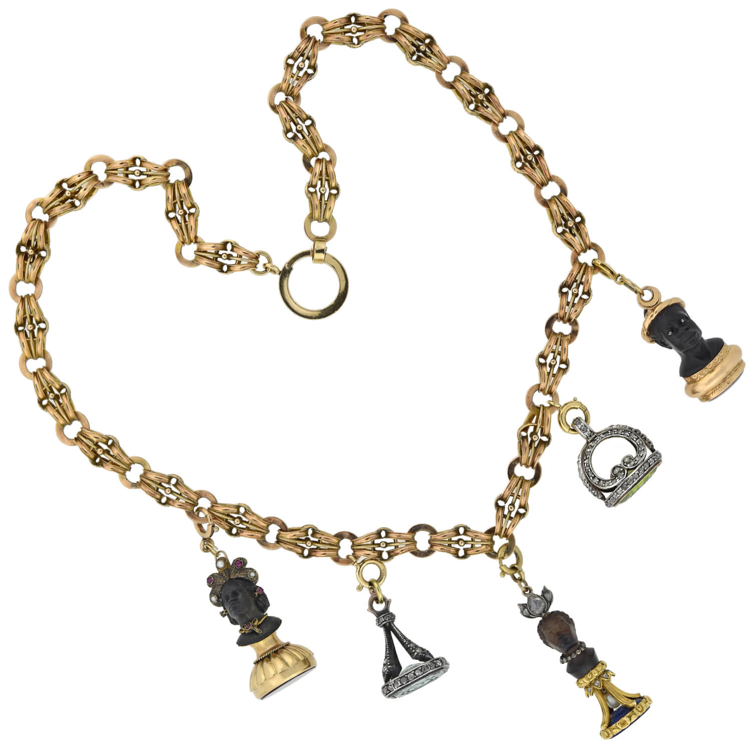 Rare Victorian + Georgian Blackamoor + Multi-Gemstone Fob Compilation Necklace 20.25"