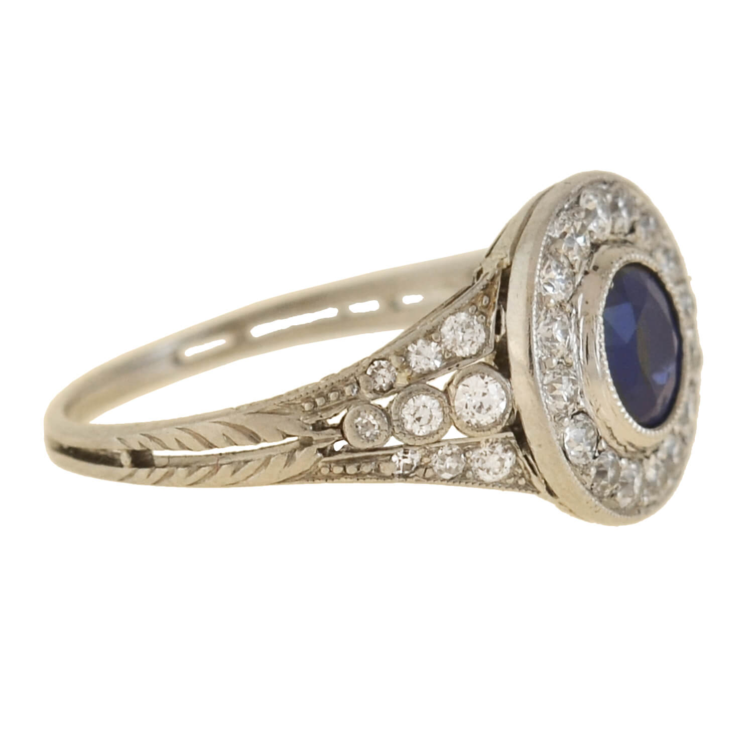 Edwardian Platinum Sapphire + Diamond Cluster Ring 0.70ct center