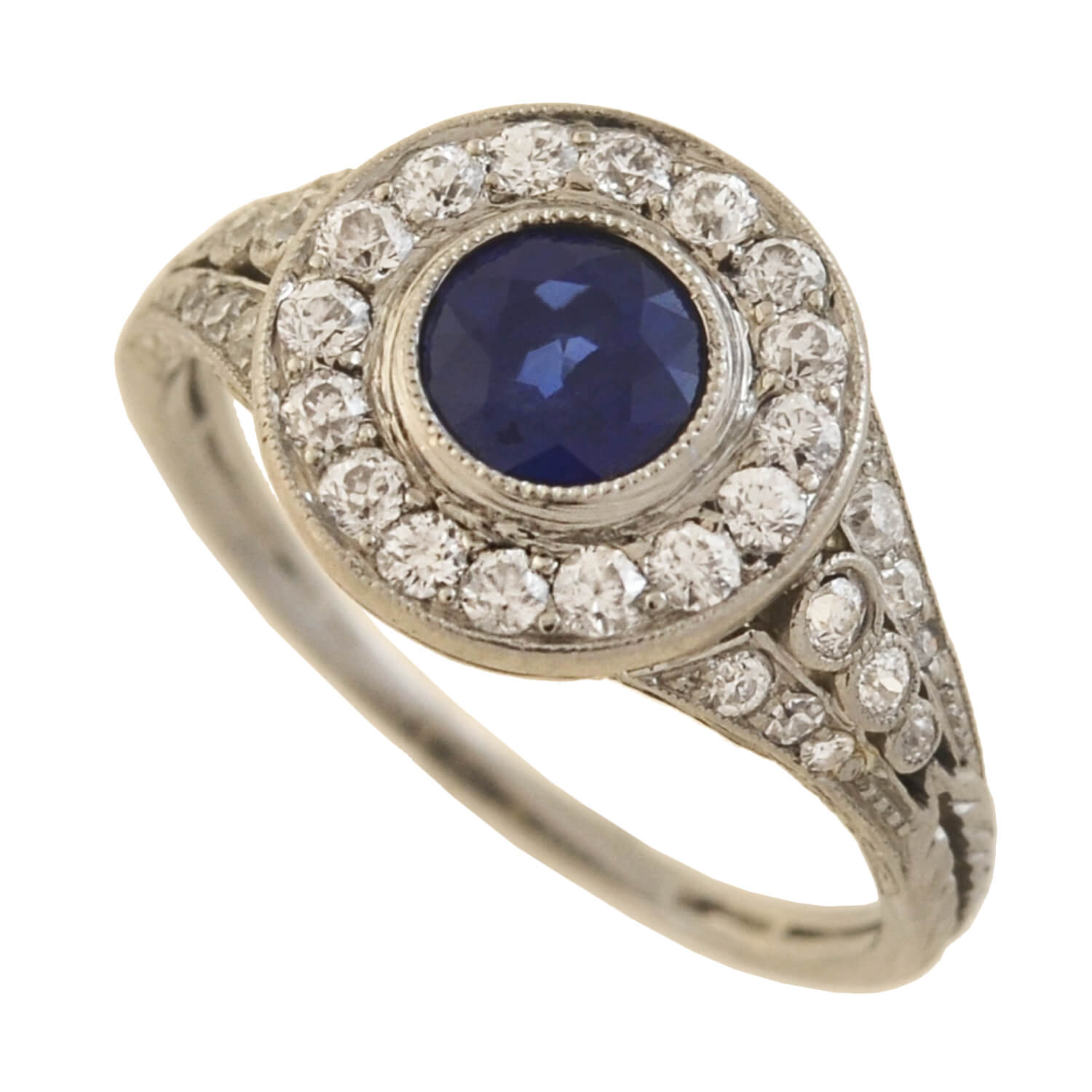Edwardian Platinum Sapphire + Diamond Cluster Ring 0.70ct center