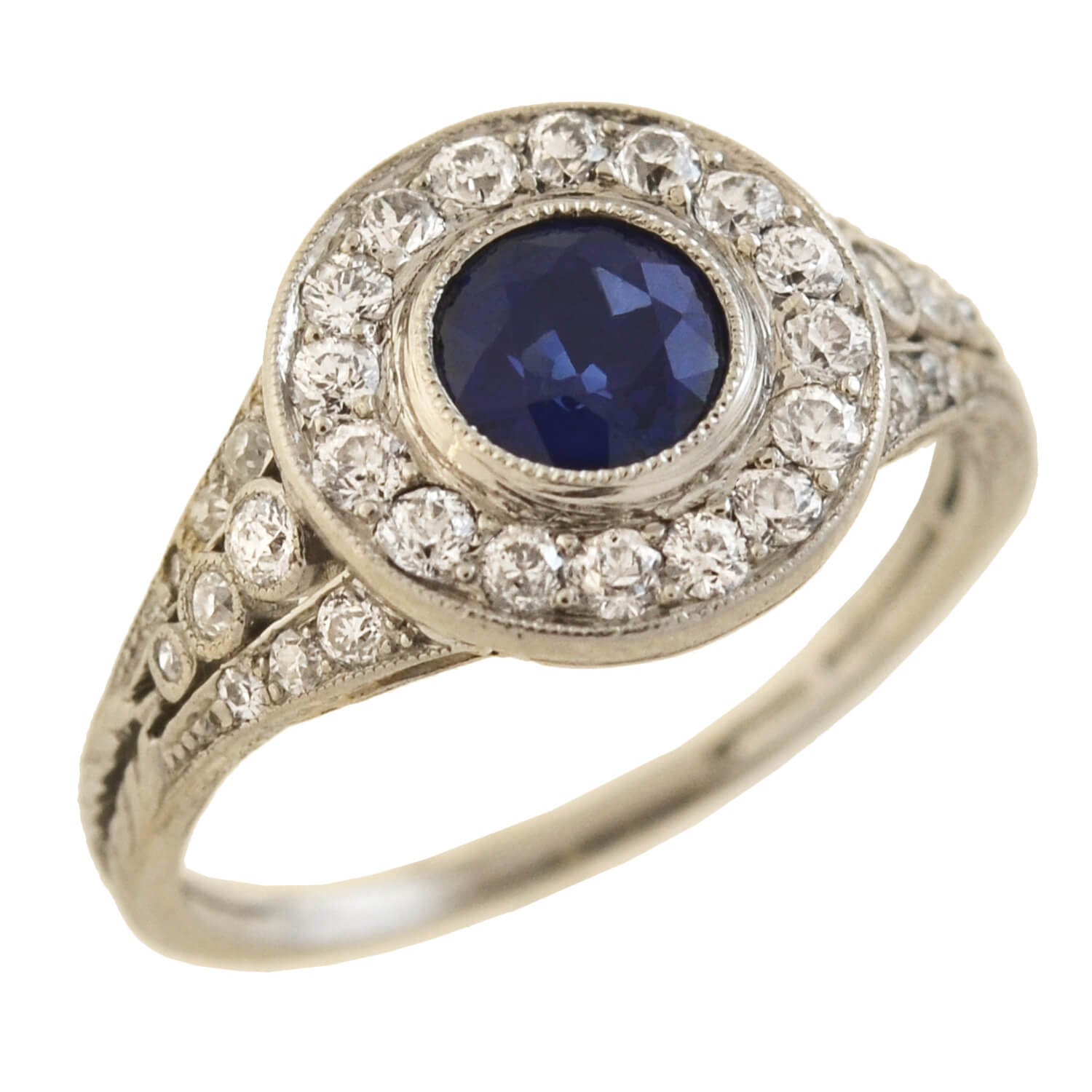 Edwardian Platinum Sapphire + Diamond Cluster Ring 0.70ct center