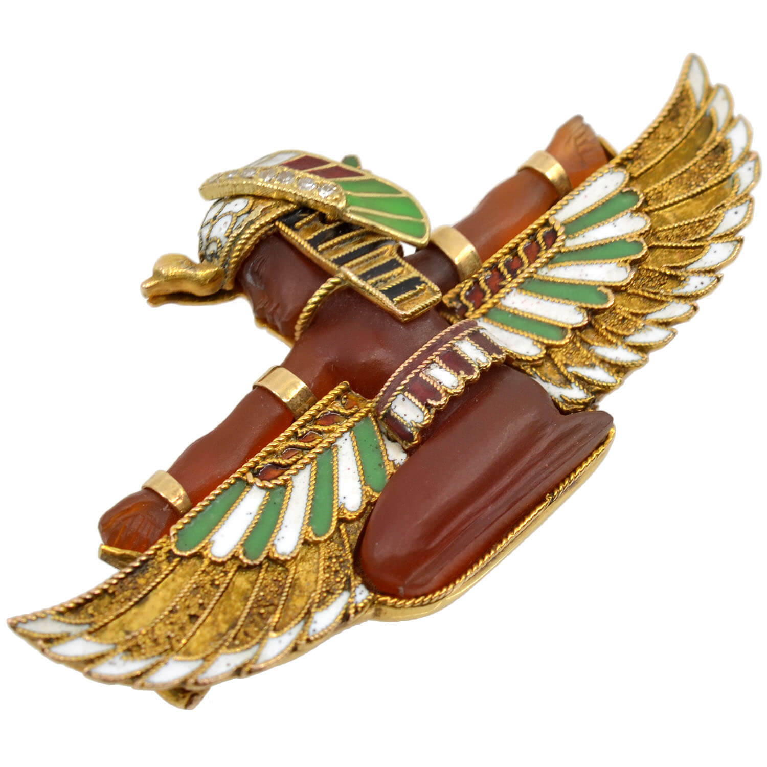 CARL BACHER Victorian Egyptian Revival 14kt Carnelian + Diamond Pharaoh Pin