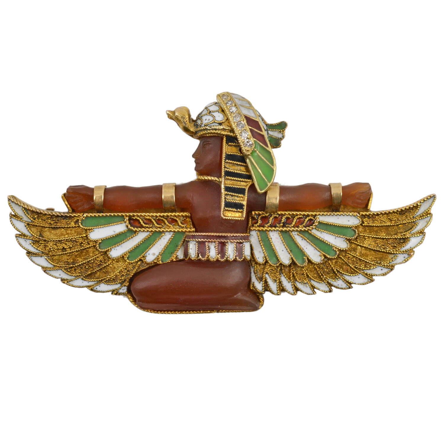 CARL BACHER Victorian Egyptian Revival 14kt Carnelian + Diamond Pharaoh Pin