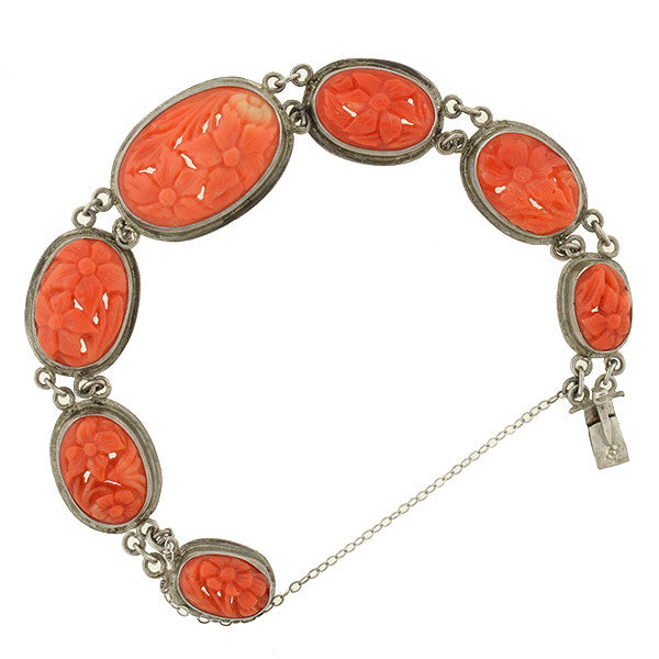 Art Deco Sterling Carved Coral Floral Link Bracelet