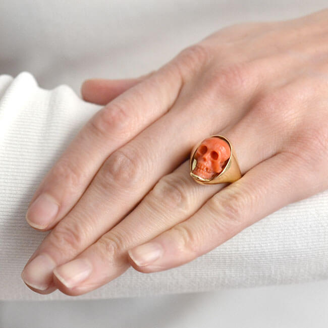 Victorian 18k Hand Coral Skull Ring