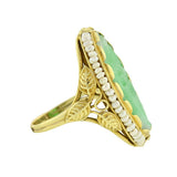 Art Deco Carved Jade & Seed Pearl Filigree Ring