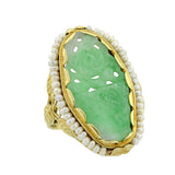 Art Deco Carved Jade & Seed Pearl Filigree Ring