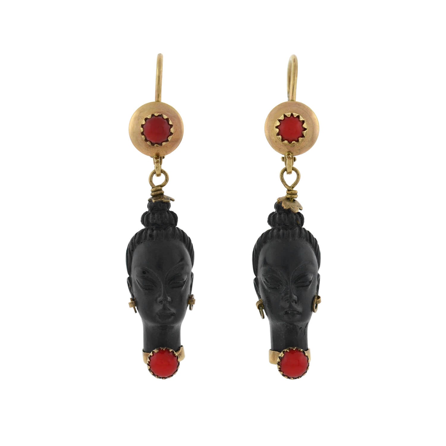 Vintage 10kt Faux Coral + Carved Wood Resin Blackamoor Earrings