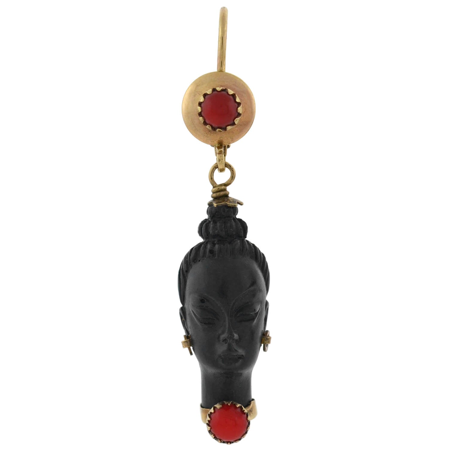 Vintage 10kt Faux Coral + Carved Wood Resin Blackamoor Earrings