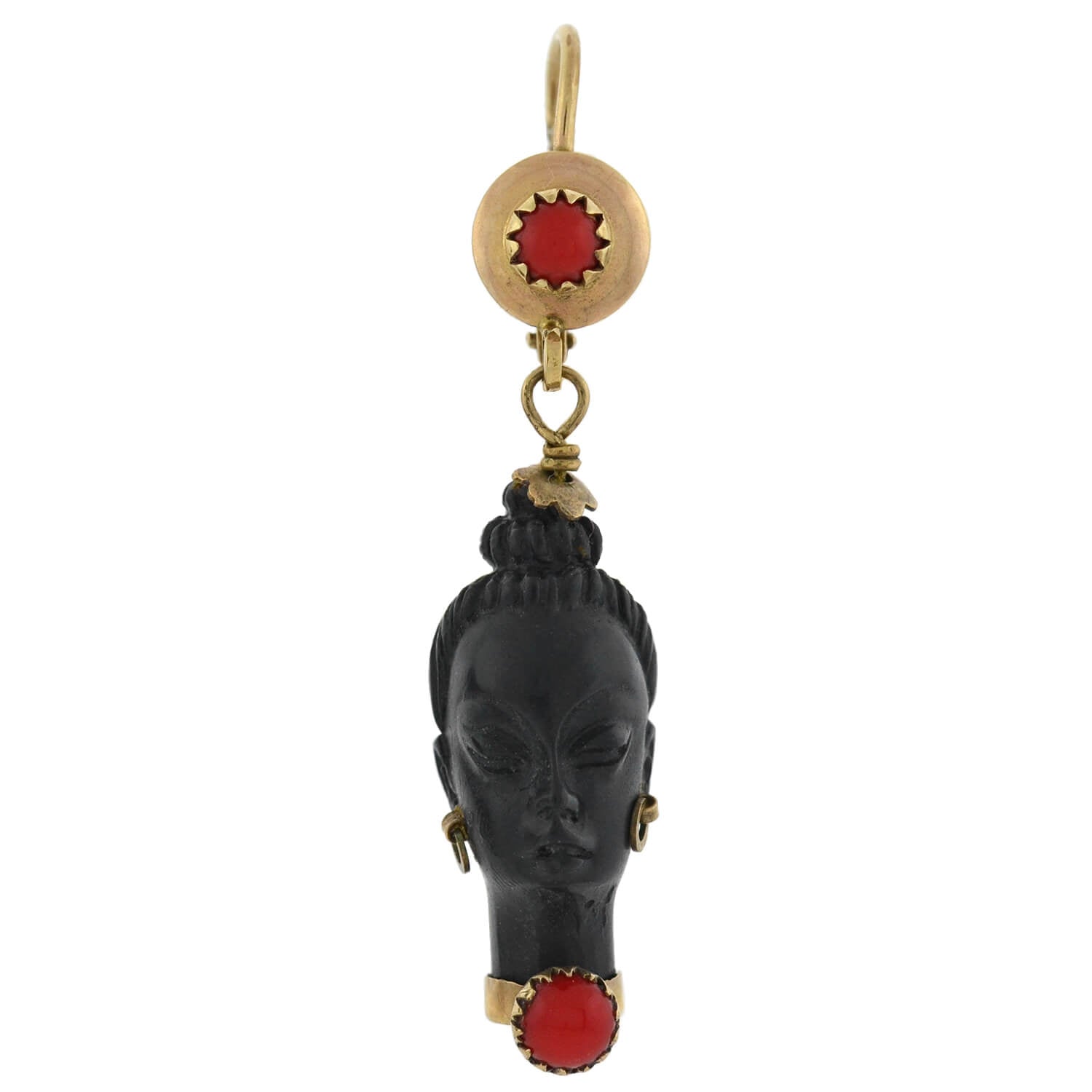 Vintage 10kt Faux Coral + Carved Wood Resin Blackamoor Earrings