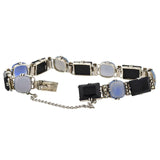 Art Deco Sterling Silver Chalcedony, Onyx + Marcasite Link Bracelet