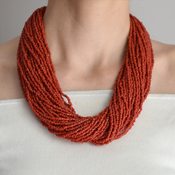 Vintage African Coral & Bone Beads Multi Strand Necklace