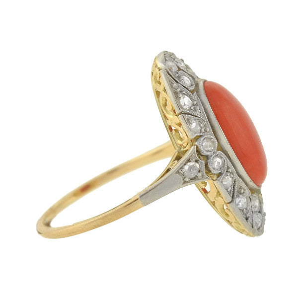Edwardian 14kt/Platinum Coral & Diamond Filigree Ring