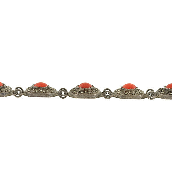 Art Deco German Silver Oxblood Coral & Marcasite Bracelet