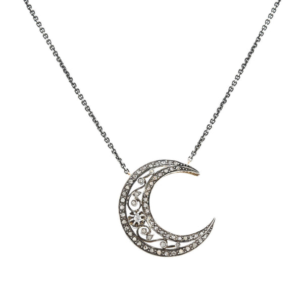 Victorian Conversion 18kt/Sterling Diamond Crescent Moon Necklace