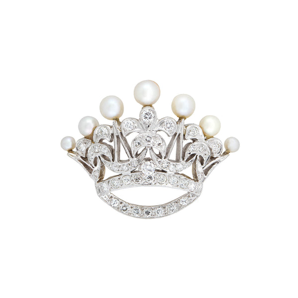 Retro 14kt/Platinum Diamond + Pearl Princess Crown Pendant