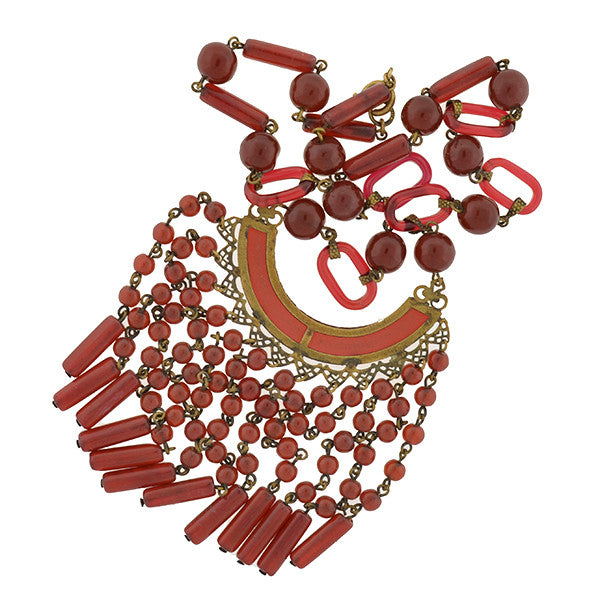 Art Deco Czechoslovakian Brass & Faux Carnelian Glass Necklace