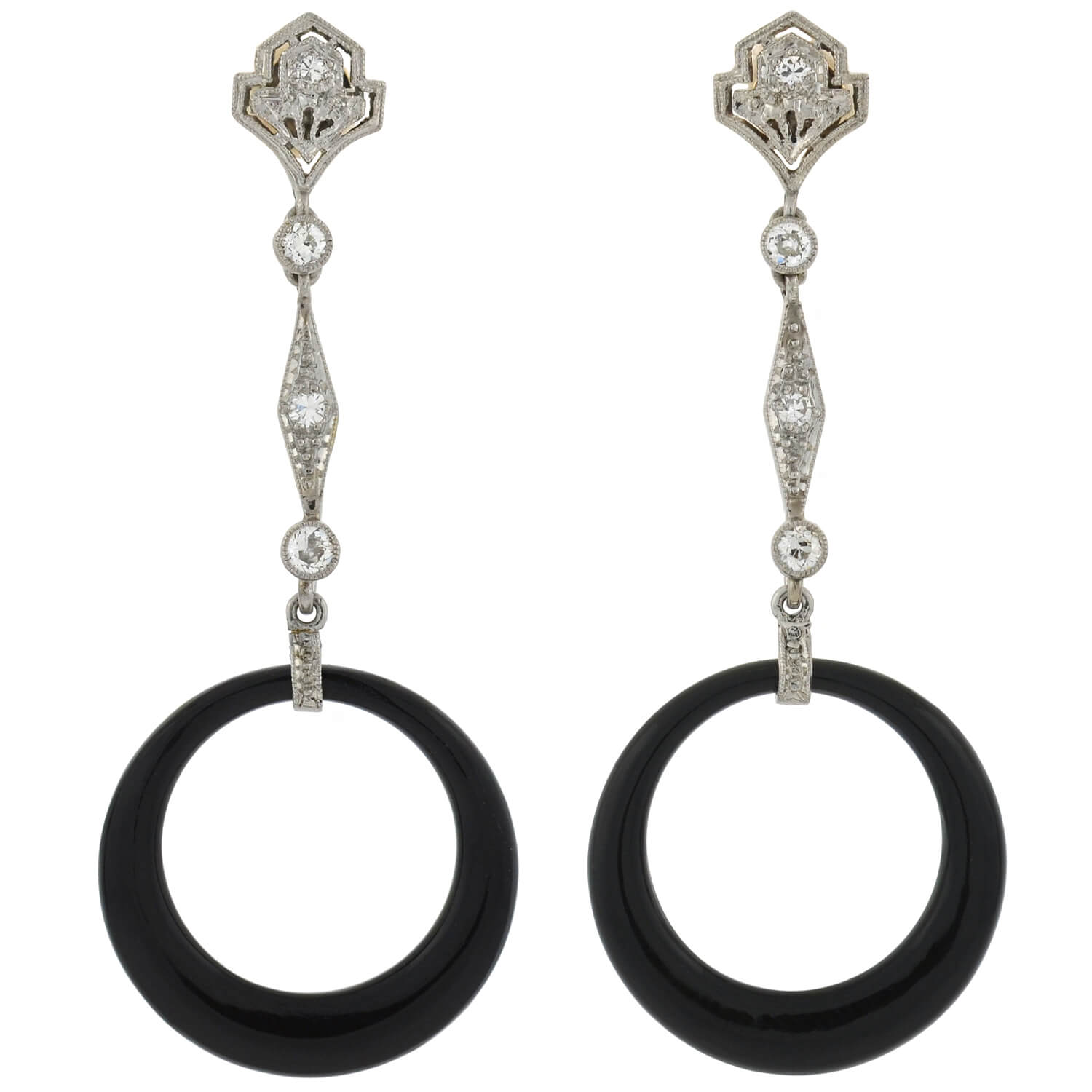 Art Deco Platinum Diamond, Jadeite, Onyx + Rock Crystal Convertible Earrings