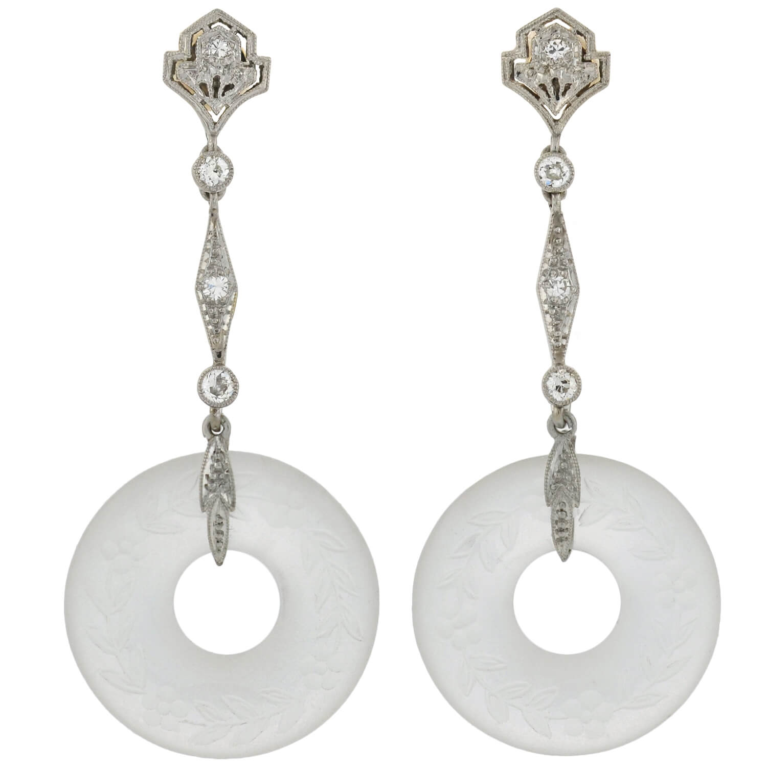 Art Deco Platinum Diamond, Jadeite, Onyx + Rock Crystal Convertible Earrings