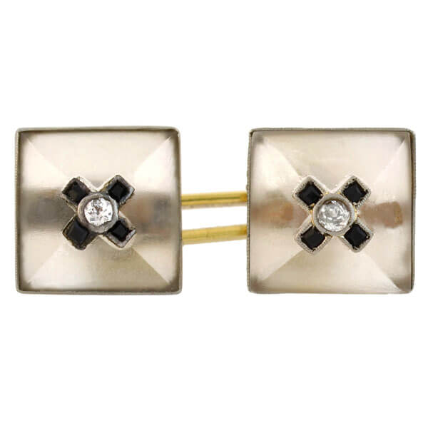 Art Deco 14kt Carved Rock Quartz Crystal, Onyx & Diamond Cufflinks