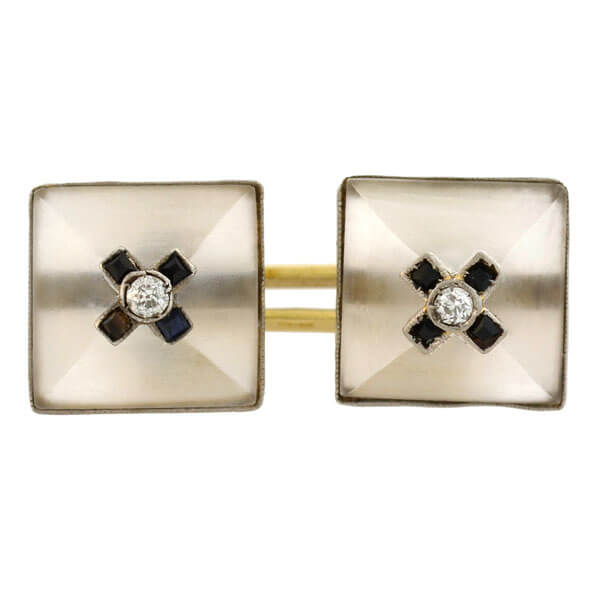 Art Deco 14kt Carved Rock Quartz Crystal, Onyx & Diamond Cufflinks
