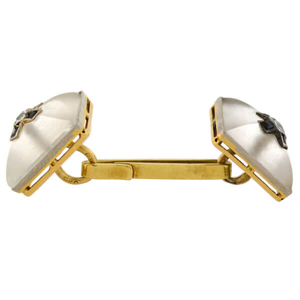 Art Deco 14kt Carved Rock Quartz Crystal, Onyx & Diamond Cufflinks