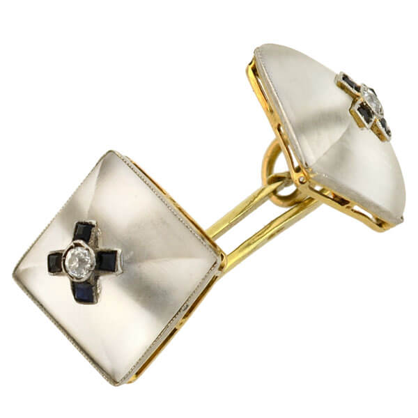 Art Deco 14kt Carved Rock Quartz Crystal, Onyx & Diamond Cufflinks