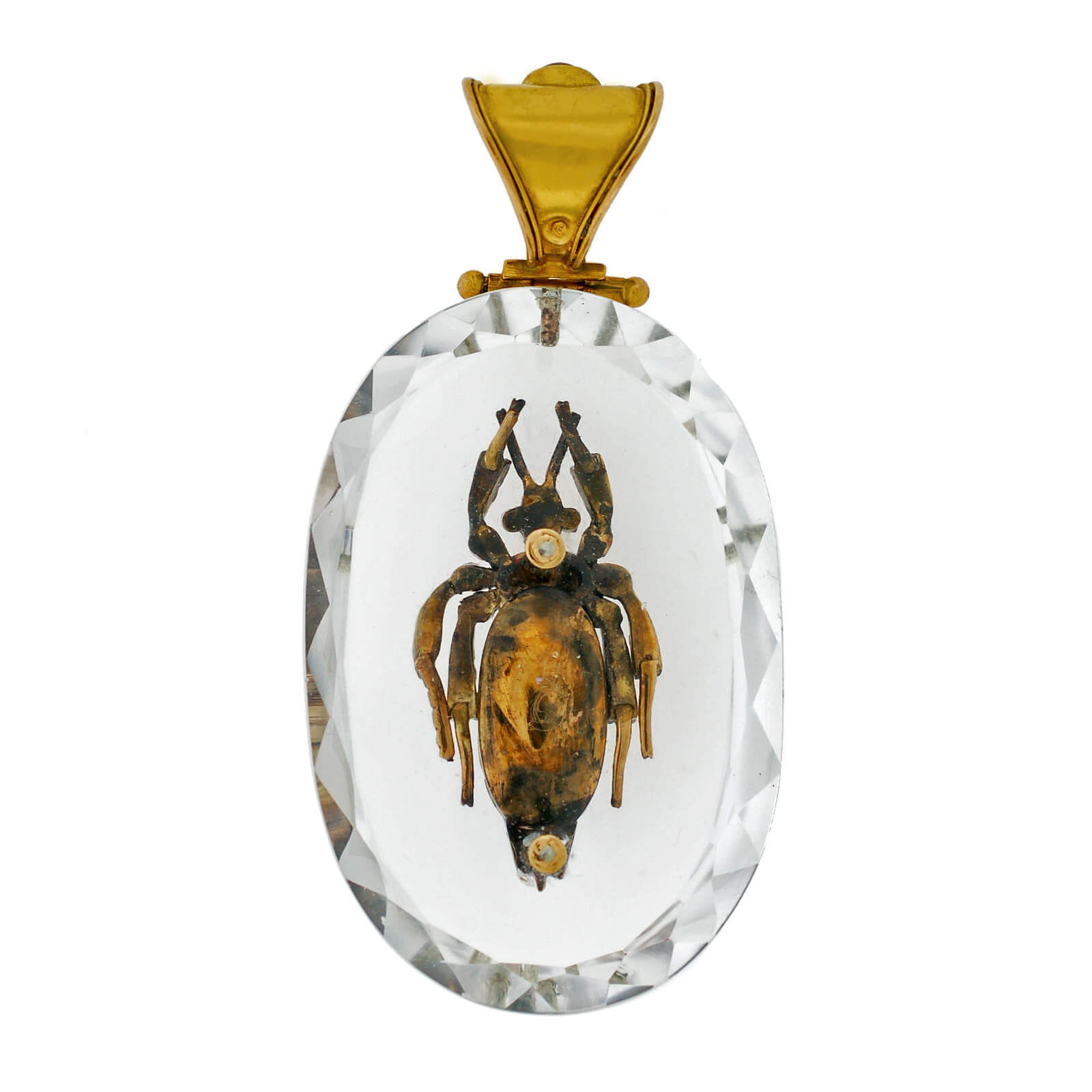 Victorian Large 18kt Rock Crystal, Diamond, Garnet + Tiger Eye Bug Pendant