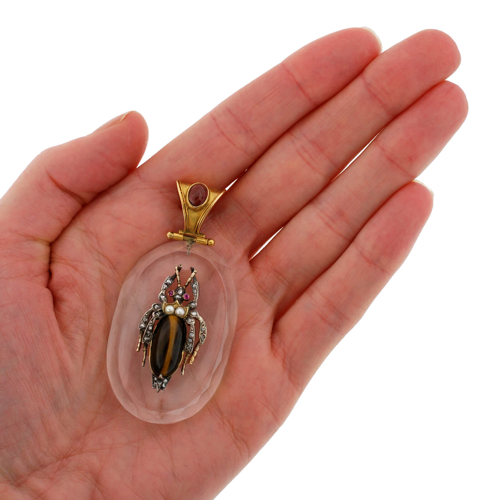 Victorian Large 18kt Rock Crystal, Diamond, Garnet + Tiger Eye Bug Pendant