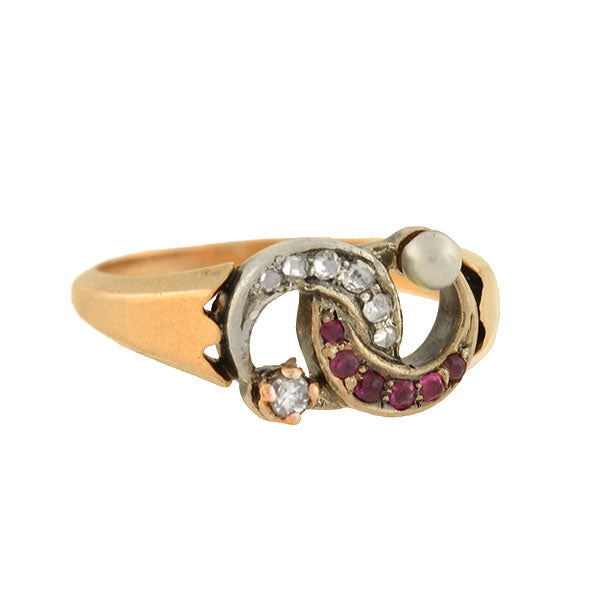 Victorian 14kt Diamond, Pearl + Ruby Double Crescent Ring