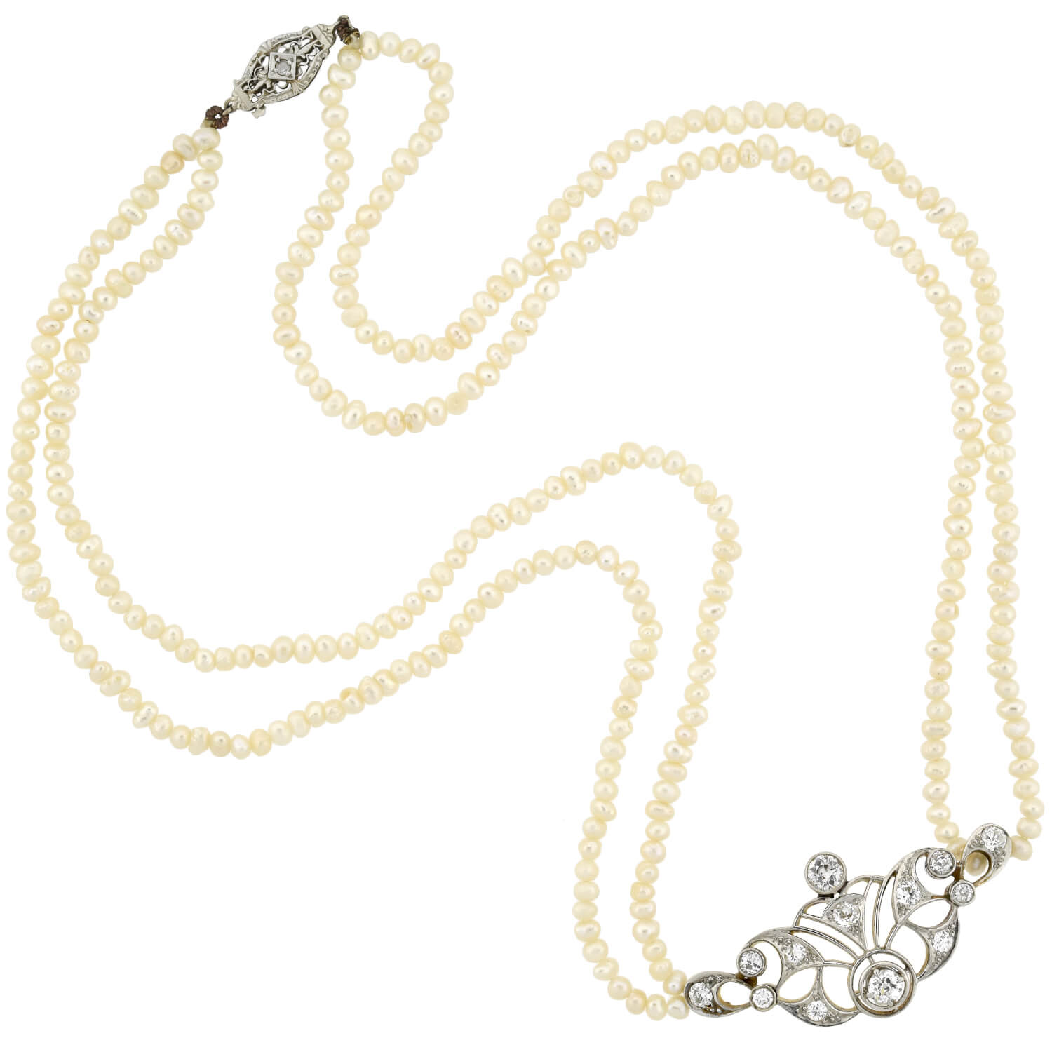 Edwardian 14kt/Platinum Seed Pearl + Diamond Centerpiece Necklace by A. Brandt + Son, image size:1500x1500