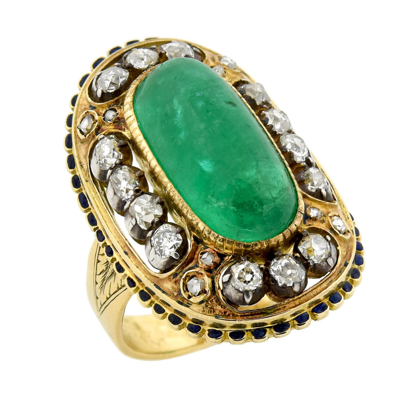 Art Nouveau 18kt/Sterling Large Enameled 6.50ct Emerald + Diamond Ring