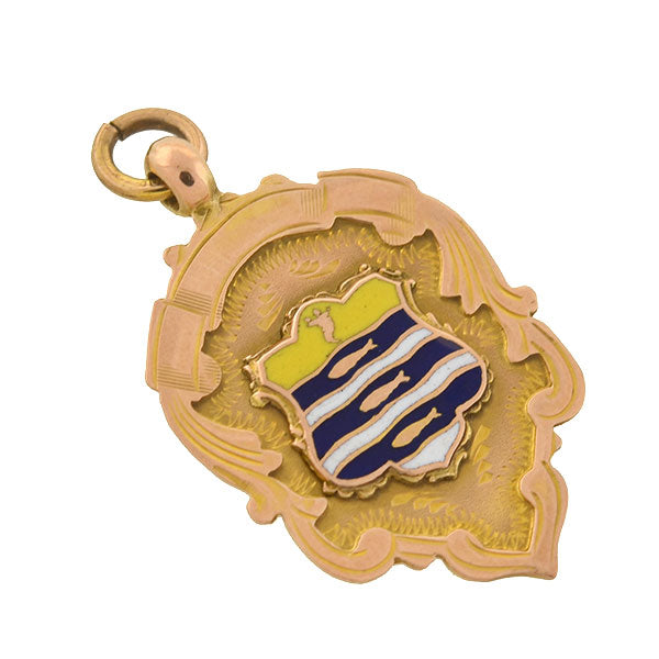 Art Deco English 9kt Enameled Medallion Badge Pendant