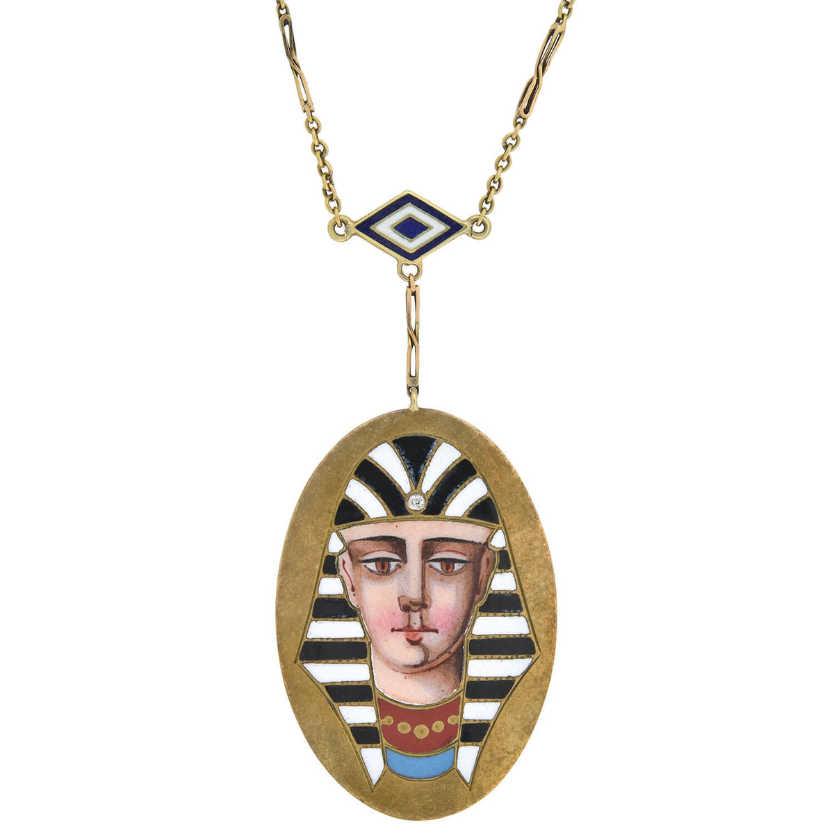 Victorian Egyptian Revival 14kt Enameled Pharaoh Pendant Necklace 18