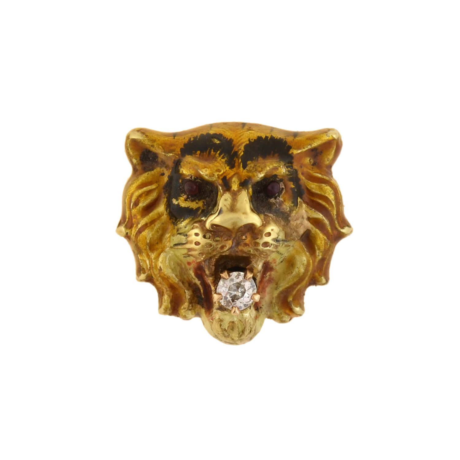 Victorian 15kt Enamel + Diamond Tiger Head Pendant