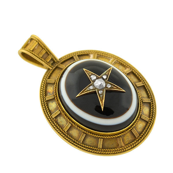 Victorian 14kt Banded Agate & Diamond Star Locket/Pendant