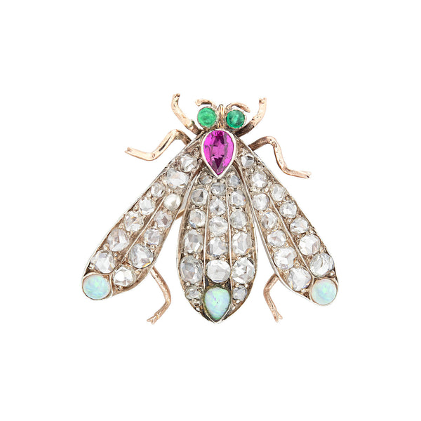 Victorian 14kt/Sterling Diamond, Opal, Emerald, + Ruby Fly Pin/Pendant