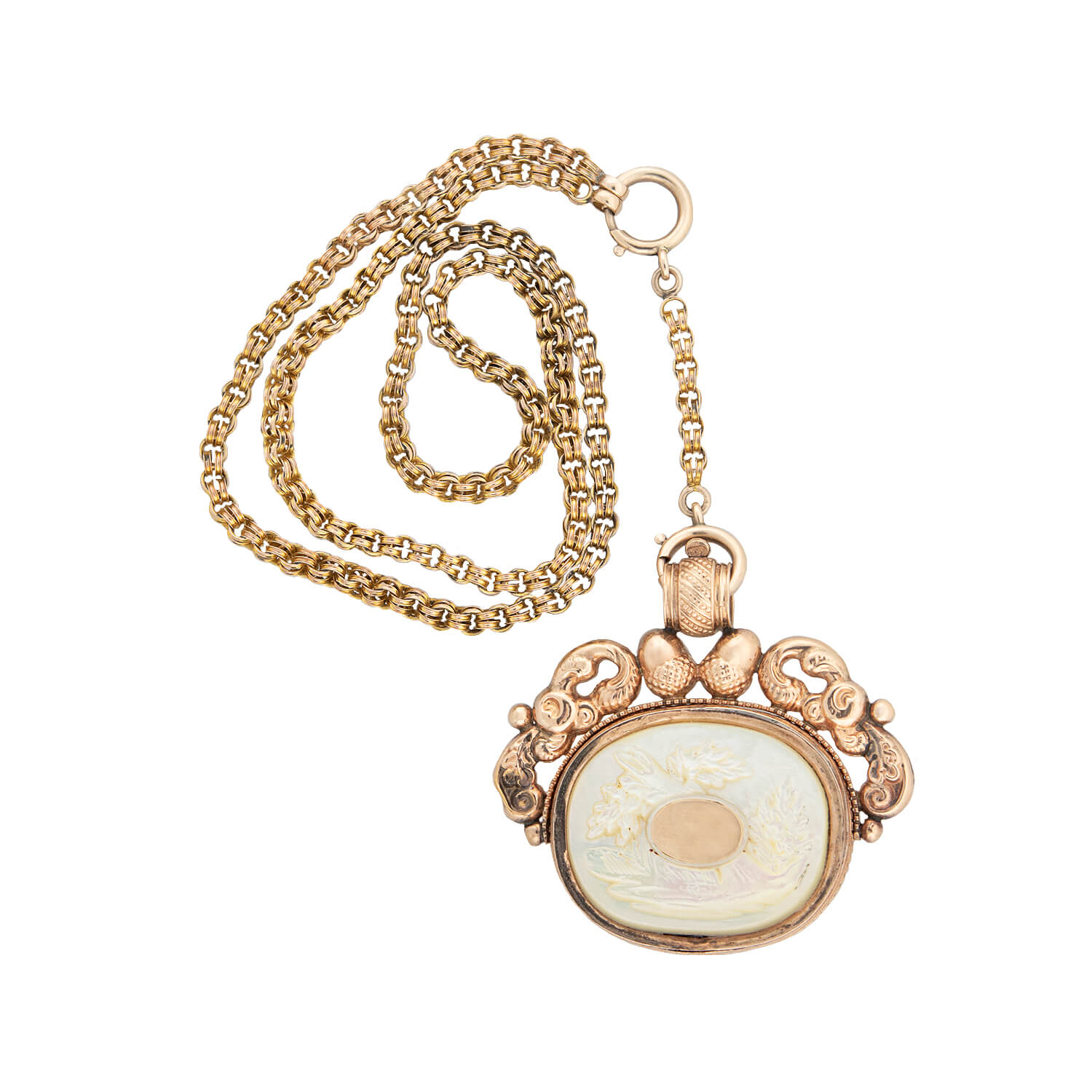 Victorian 14k Mother of Pearl Spinner Fob + Chain Necklace