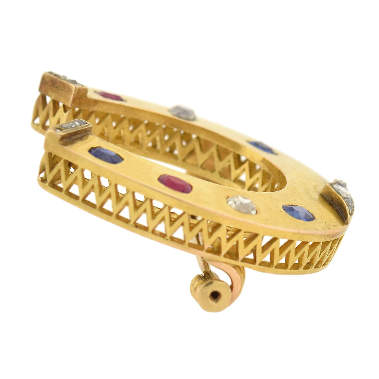Victorian Large French 18kt Ruby, Diamond + Sapphire Horseshoe Pin