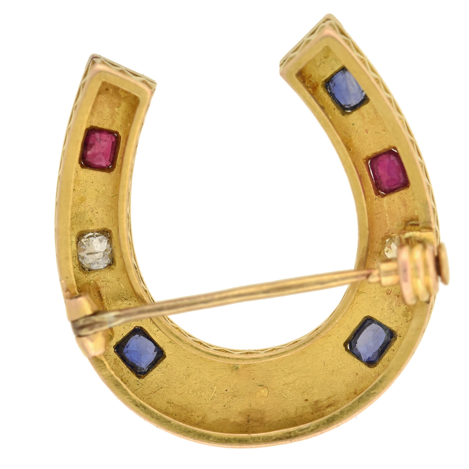 Victorian Large French 18kt Ruby, Diamond + Sapphire Horseshoe Pin
