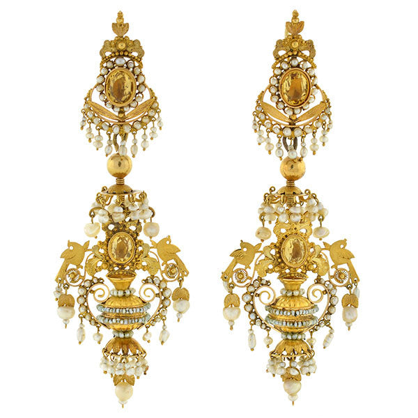 Georgian 18kt Pearl & Imperial Topaz Spanish Cannetille Urn Earrings