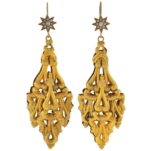 Georgian Dramatic 18kt Gold Diamond Starburst Earrings