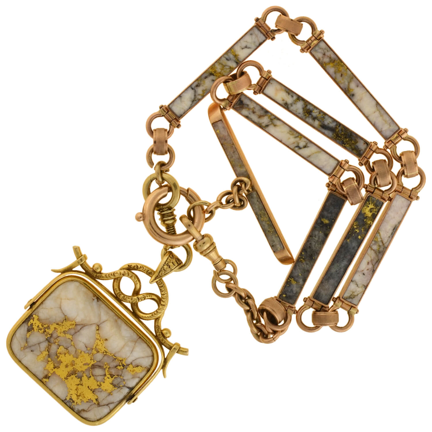 Victorian 14kt Inlaid Gold Quartz Watch Chain + Matching Spinner Fob