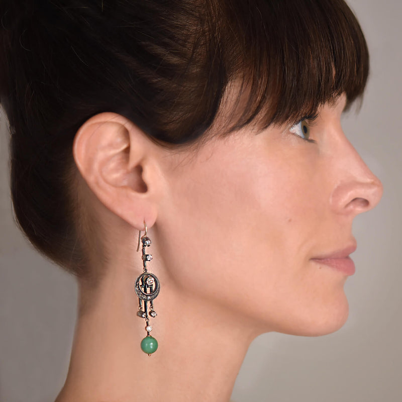 Victorian 14kt/Sterling Dramatic Diamond + Jade Dangle Earrings