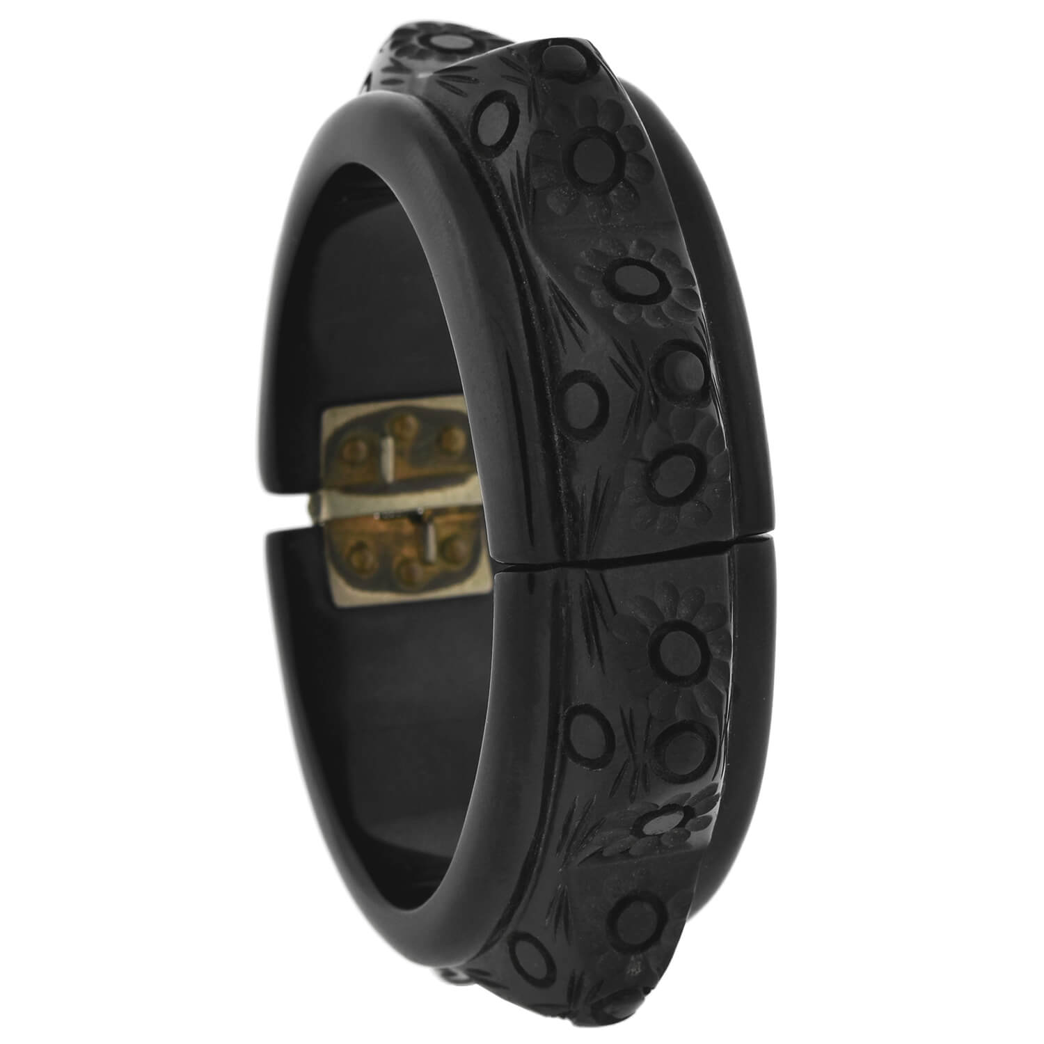 Retro Black Bakelite Carved Floral Clamper Bracelet